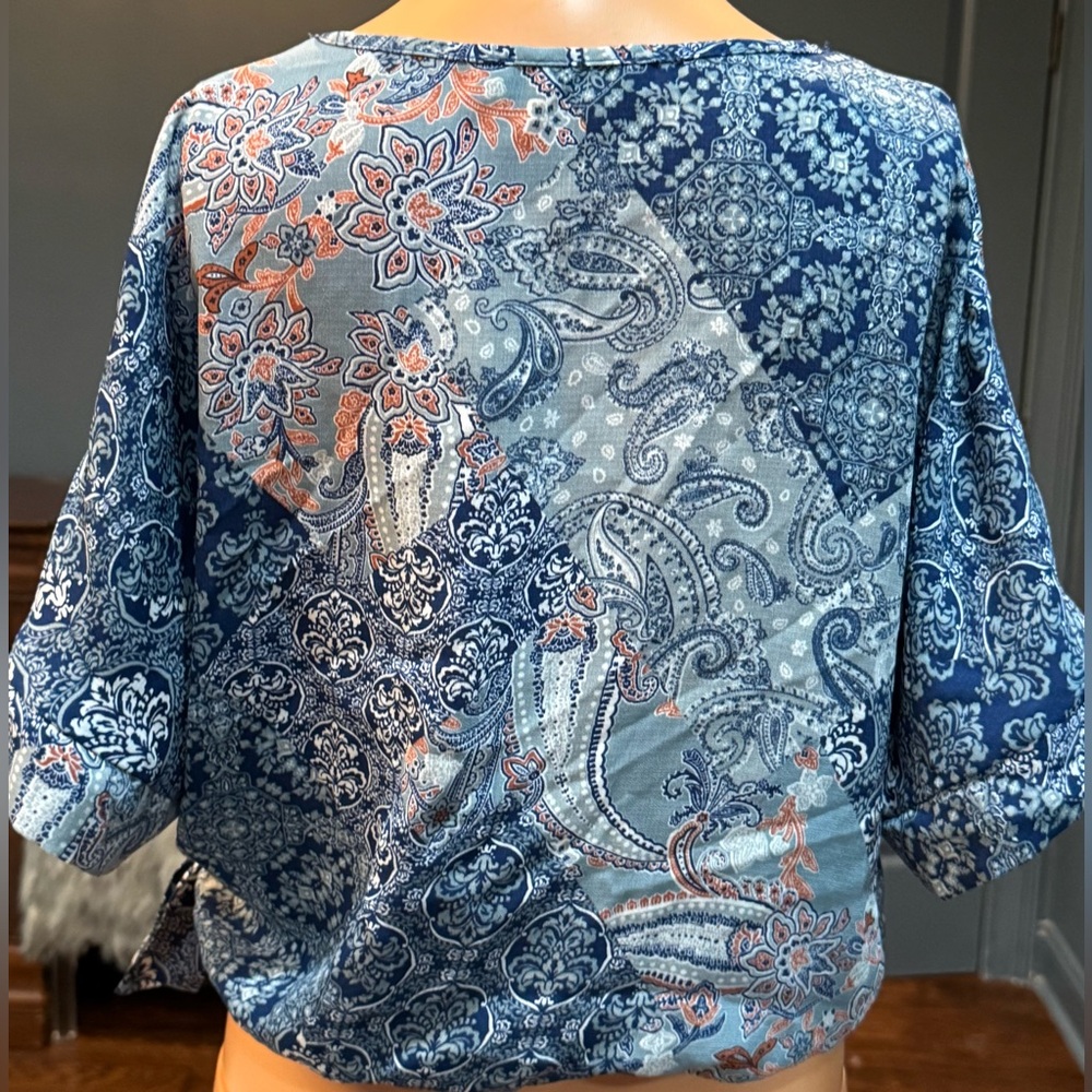 Blue Paisley Wrap Top Tie Waist Short Sleeve Boho Crop Blouse Small Paper Crane - Picture 3 of 7